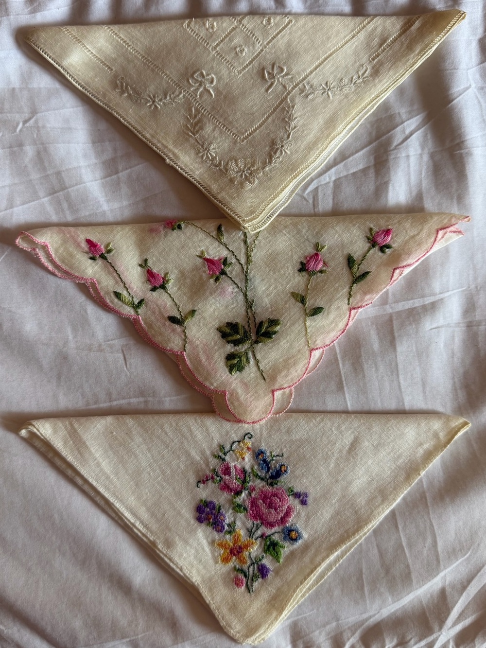 3-Pc Vintage Dainty Hand Embroidered 100% Cotton Squares - Pink Floral and Bows